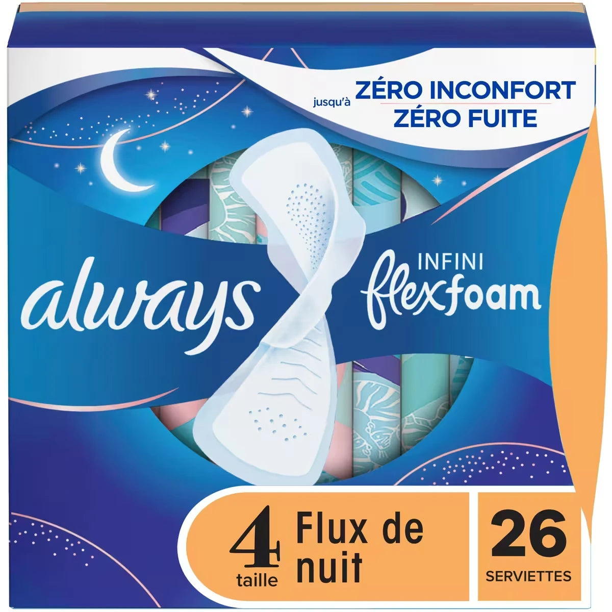 Serviettes féminines Infini pour femmes, serviettes avec ailes Flexfoam, taille&nbsp;4, degré d’absorption de nuit, non parfumées, 26&nbsp;serviettes