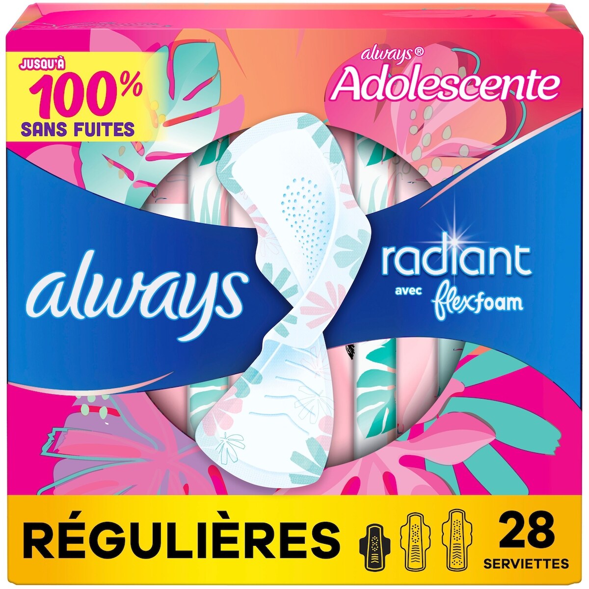 Serviettes Radiant, flux régulier, avec ailes, pour adolescentes, taille&nbsp;1, non parfumées, 28&nbsp;serviettes