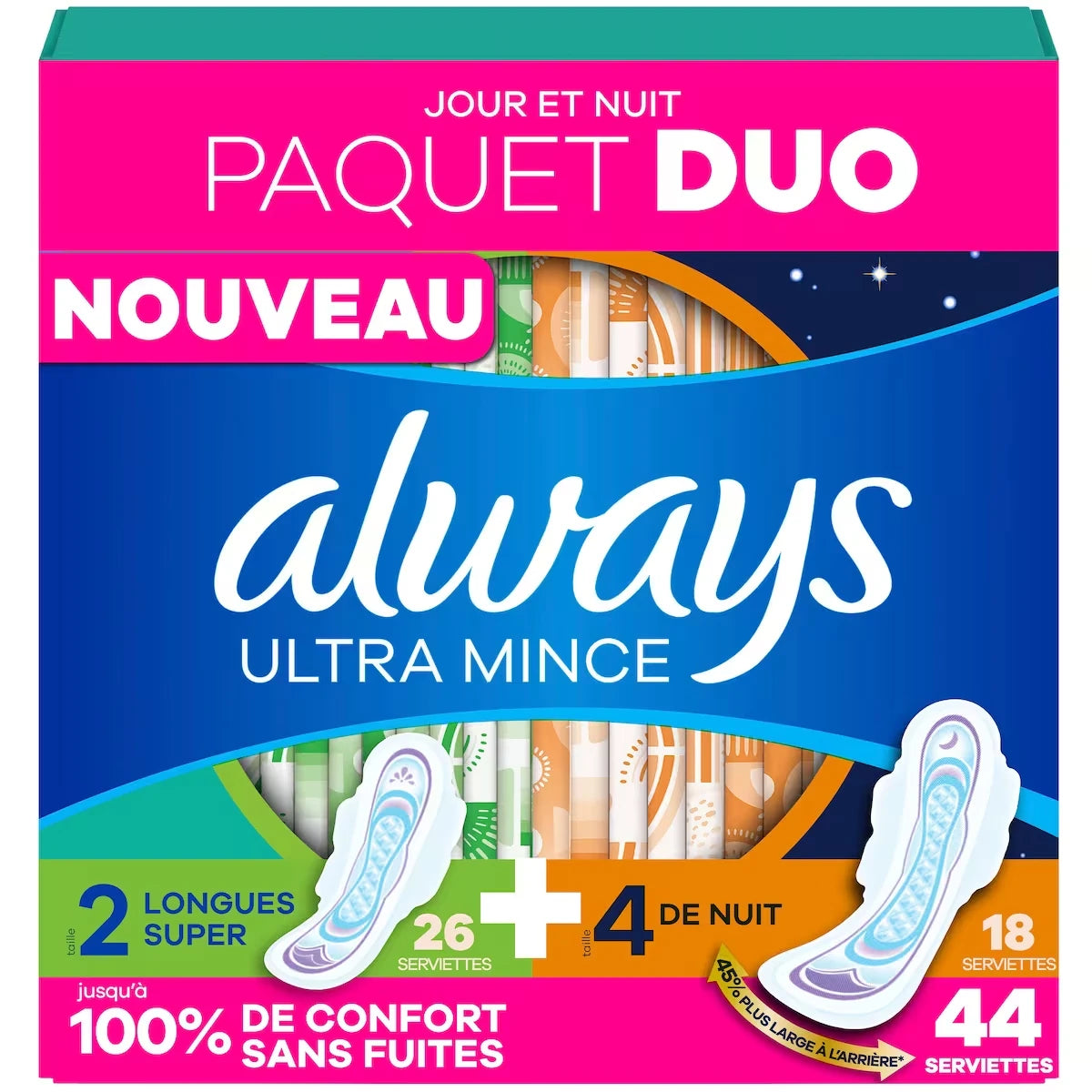 Serviettes Ultra mince, emballage duo, longues, degré d’absorption Super et 4 serviettes de nuit, pour femmes, taille 2, non parfumées, 44 serviettes