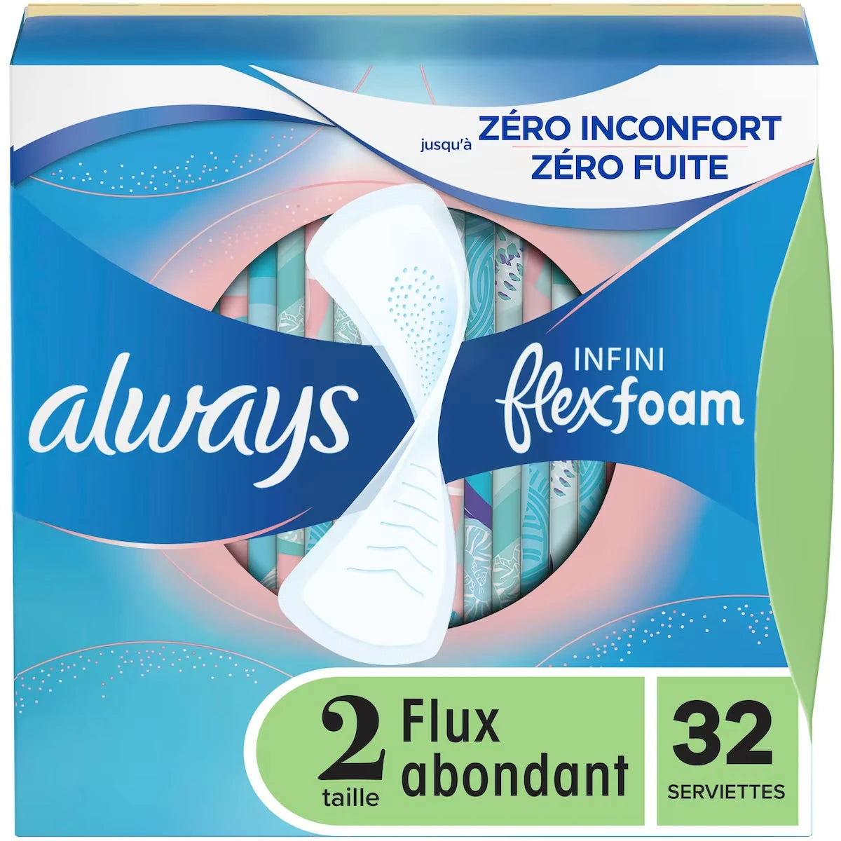 Serviettes féminines Infini pour femmes, serviettes Flexfoam, taille 2, degré d’absorption pour flux abondant, non parfumées, 32 serviettes