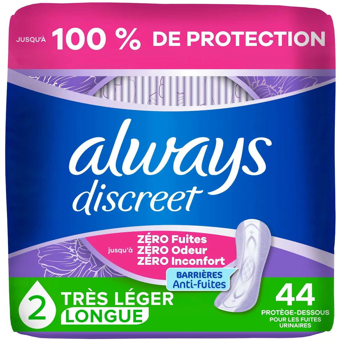 Protège-dessous d’incontinence pour les fuites urinaires, longs, degré d’absorption très léger, taille 2, 44 protège-dessous