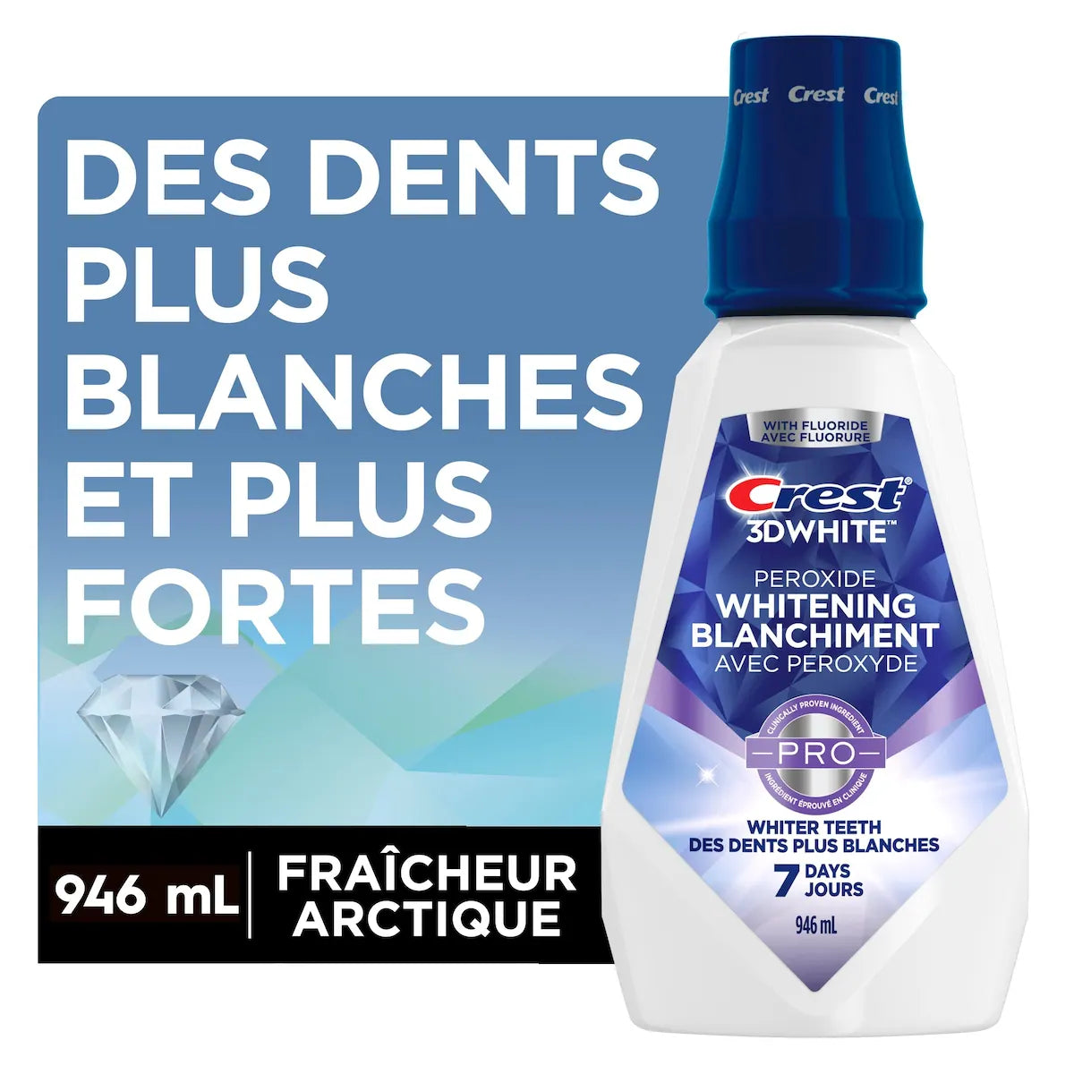 Rince-bouche 3D White avec peroxyde, renforce l’émail, blanchit les dents, prévient la carie, sans alcool, contient du fluorure, saveur de menthe glacée
