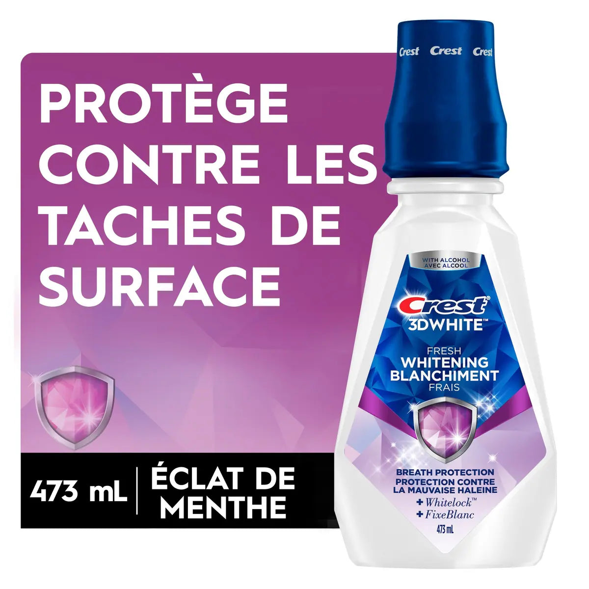 Rince-bouche blanchissant 3DWhite Fraîcheur, prévient les taches de surface, tue des millions de germes responsables de la mauvaise haleine, sans alcool, saveur Menthe tique, 473mL (16ozliq.)