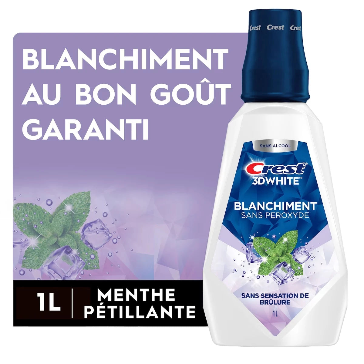 Rince-bouche sans peroxyde 3DWhite, blanchissant au goût agréable, garanti, sans alcool, saveur Menthe vive, 1L (33,8ozliq.)