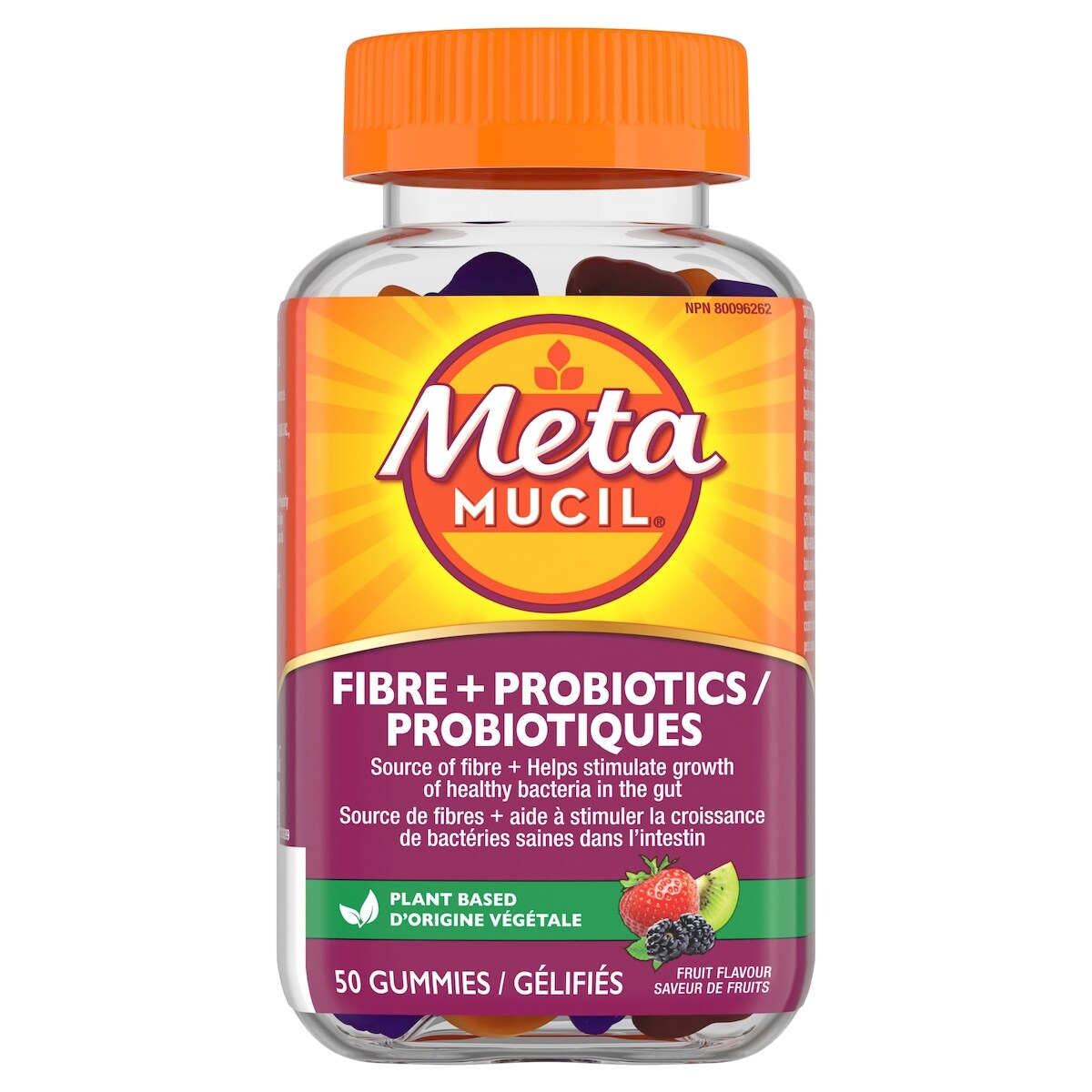 Supplément en comprimé gélifié pour la santé digestive Fibre + probiotiques, à base de plantes, saveur de fruits, 50 gélifiés