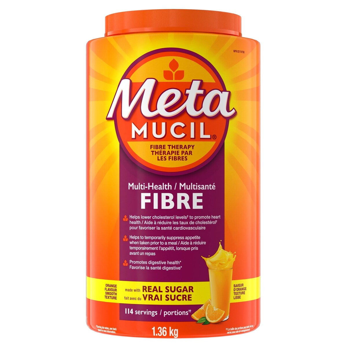 Supplément de fibres d’enveloppe de psyllium 3 en 1 en poudre pour la santé digestive, saveur d’orange, sucre véritable, texture lisse, 114 portions, 1,36 kg