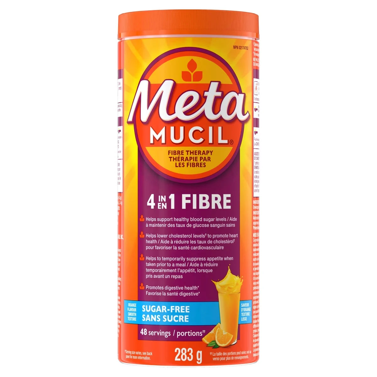 Supplément de fibres d’enveloppe de psyllium 4 en 1 en poudre pour la santé digestive, saveur d’orange, sans sucre, texture lisse, 48 portions, 283 g