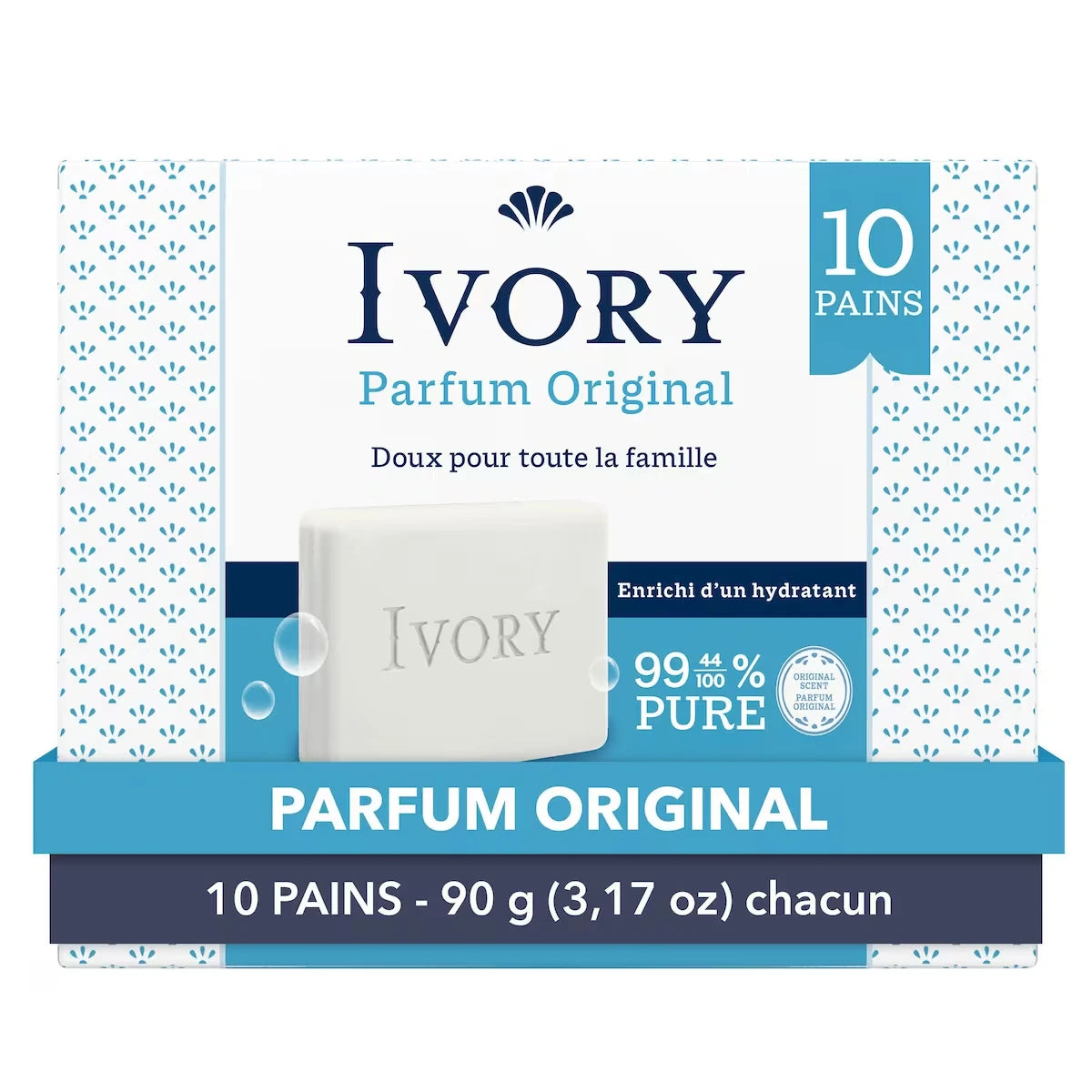 Doux pain de savon, conçu pour toute la famille, formule pure à 99,44&nbsp;%, agents nettoyants à base de plantes, sans parfums prononcés, parabènes, ni phtalates, parfum Original, 90&nbsp;g (3,17&nbsp;oz), 10&nbsp;unités