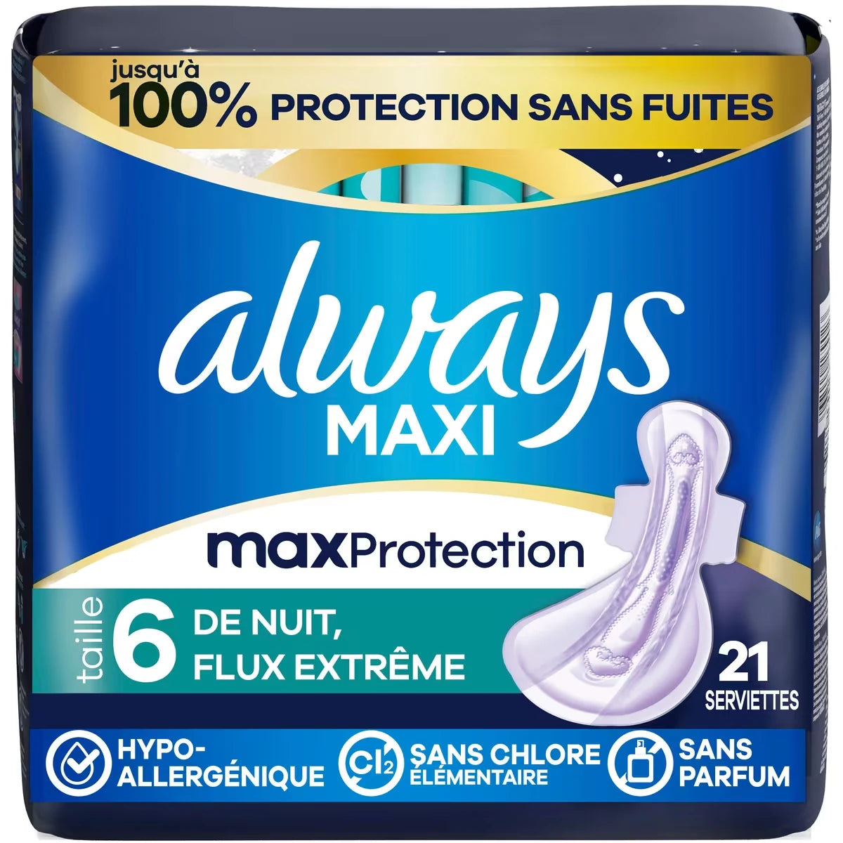Serviettes Maxi de nuit, degré d’absorption de nuit suprême très abondant, avec ailes, pour femmes, taille&nbsp;6, non parfumées, 21&nbsp;serviettes