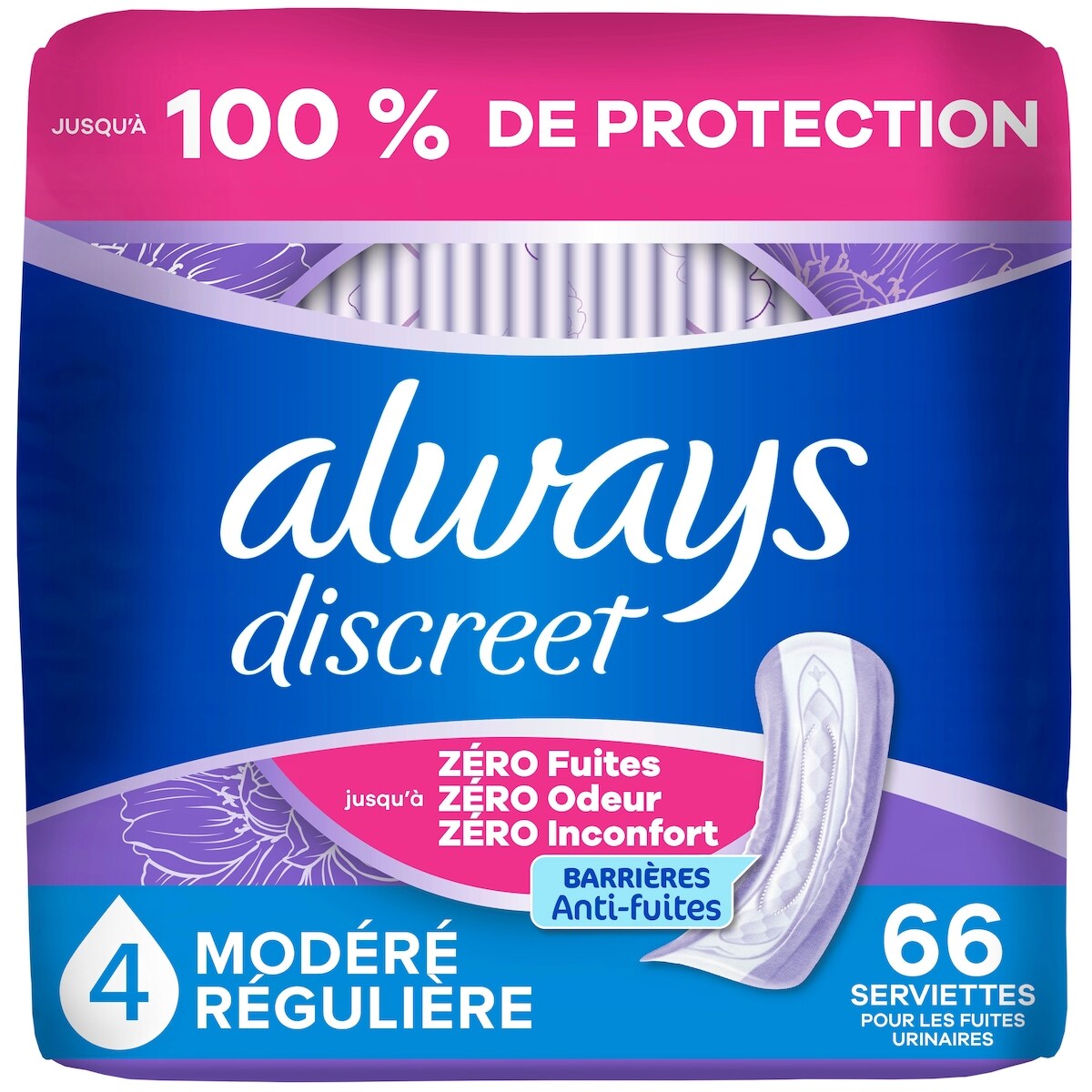 Serviettes d’incontinence pour femmes adultes, degré d’absorption modéré, régulières, serviettes de post-partum, 66 serviettes