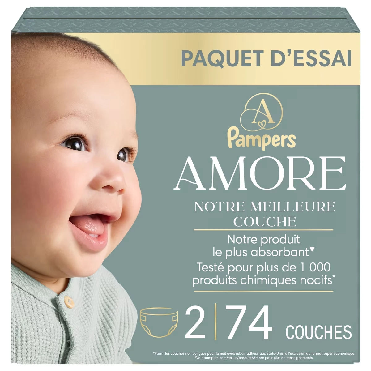 NOUVEAU AMORE, taille&nbsp;2 (4,5&nbsp;à&nbsp;10&nbsp;kg [10&nbsp;à&nbsp;22&nbsp;lb]), notre meilleure couche, 74&nbsp;unités