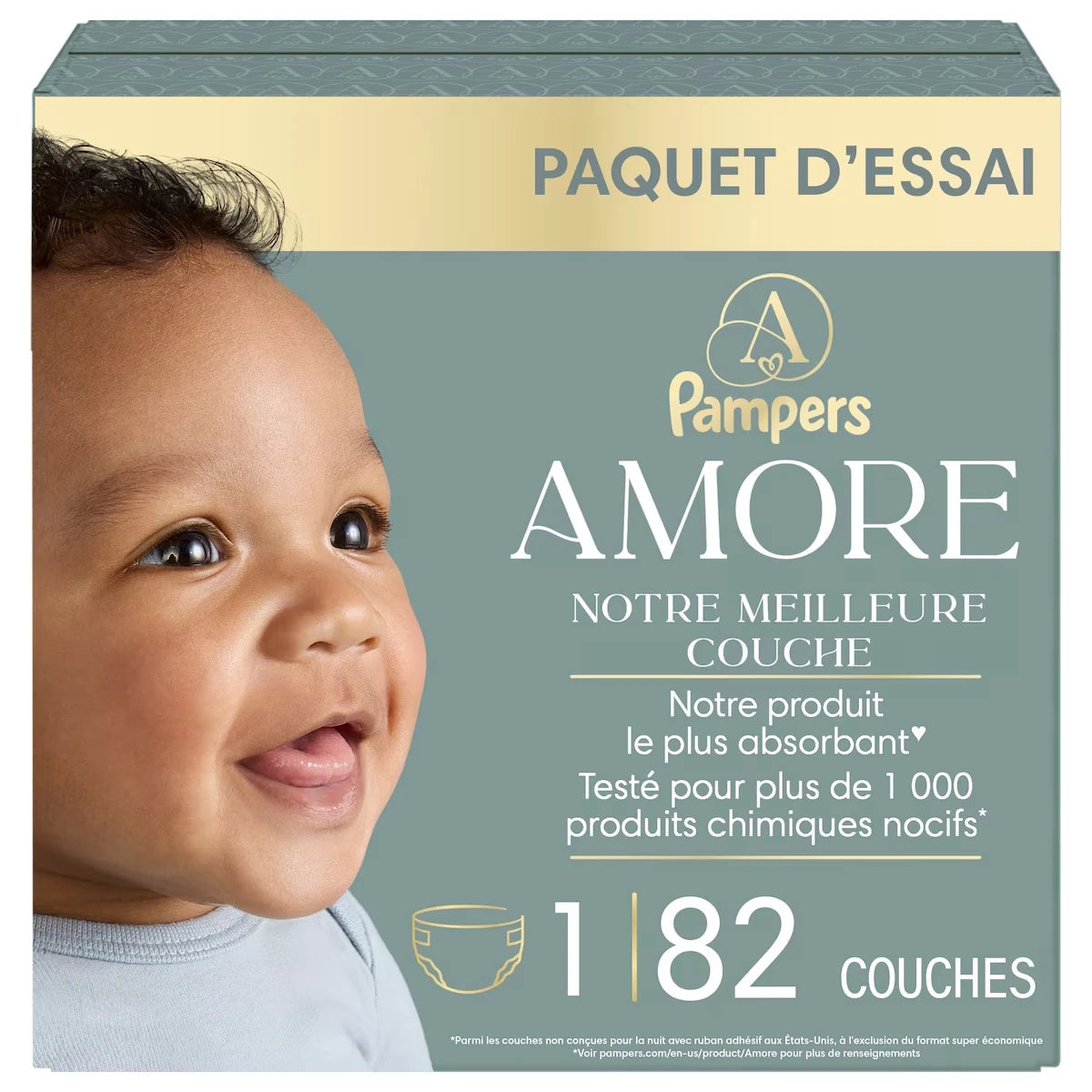 NOUVEAU AMORE, taille&nbsp;1 (3,6&nbsp;kg à 6,3&nbsp;kg [8&nbsp;lb à 14&nbsp;lb]), notre meilleure couche, 82&nbsp;unités