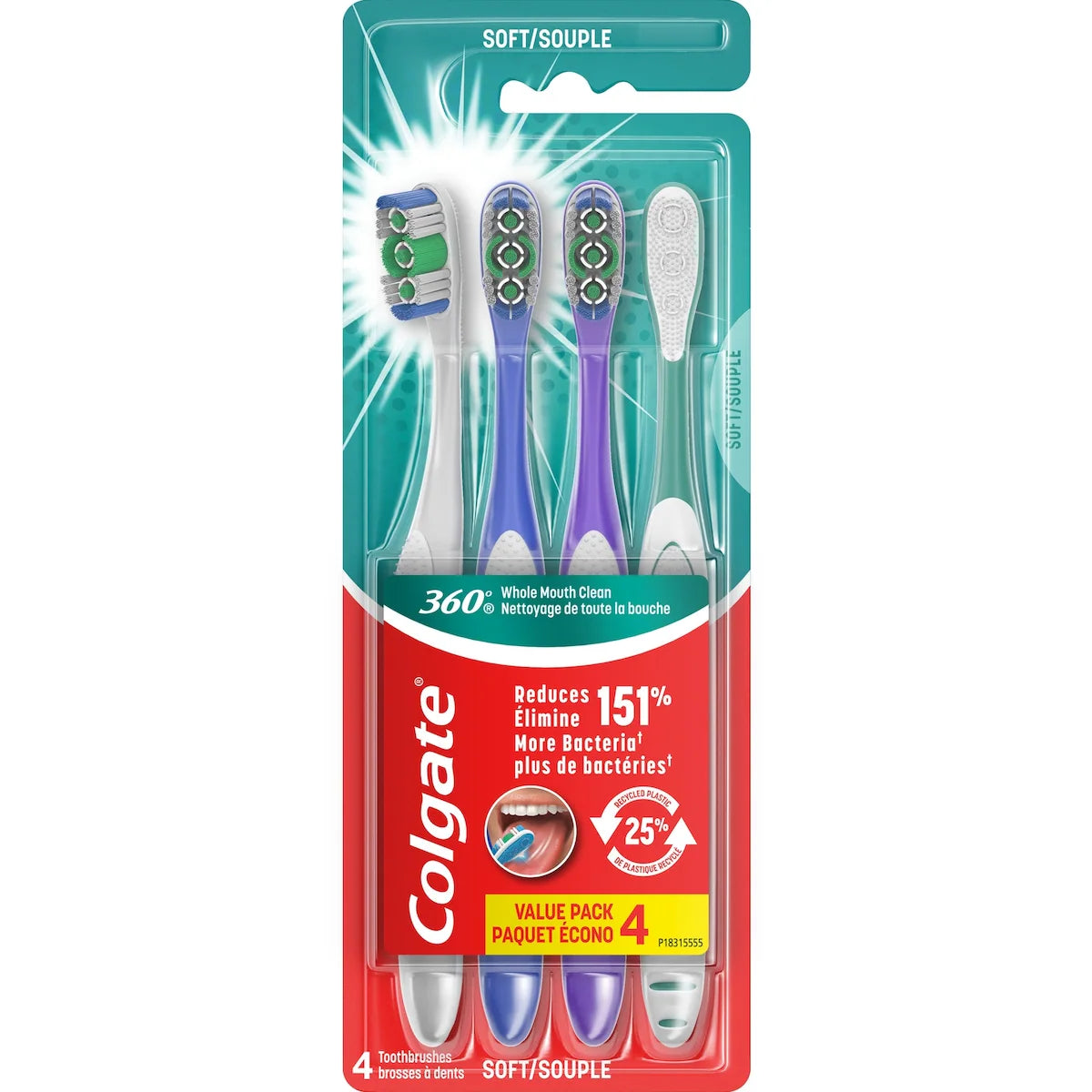 4 brosses à dents souples 360 avec nettoie-langue et joues