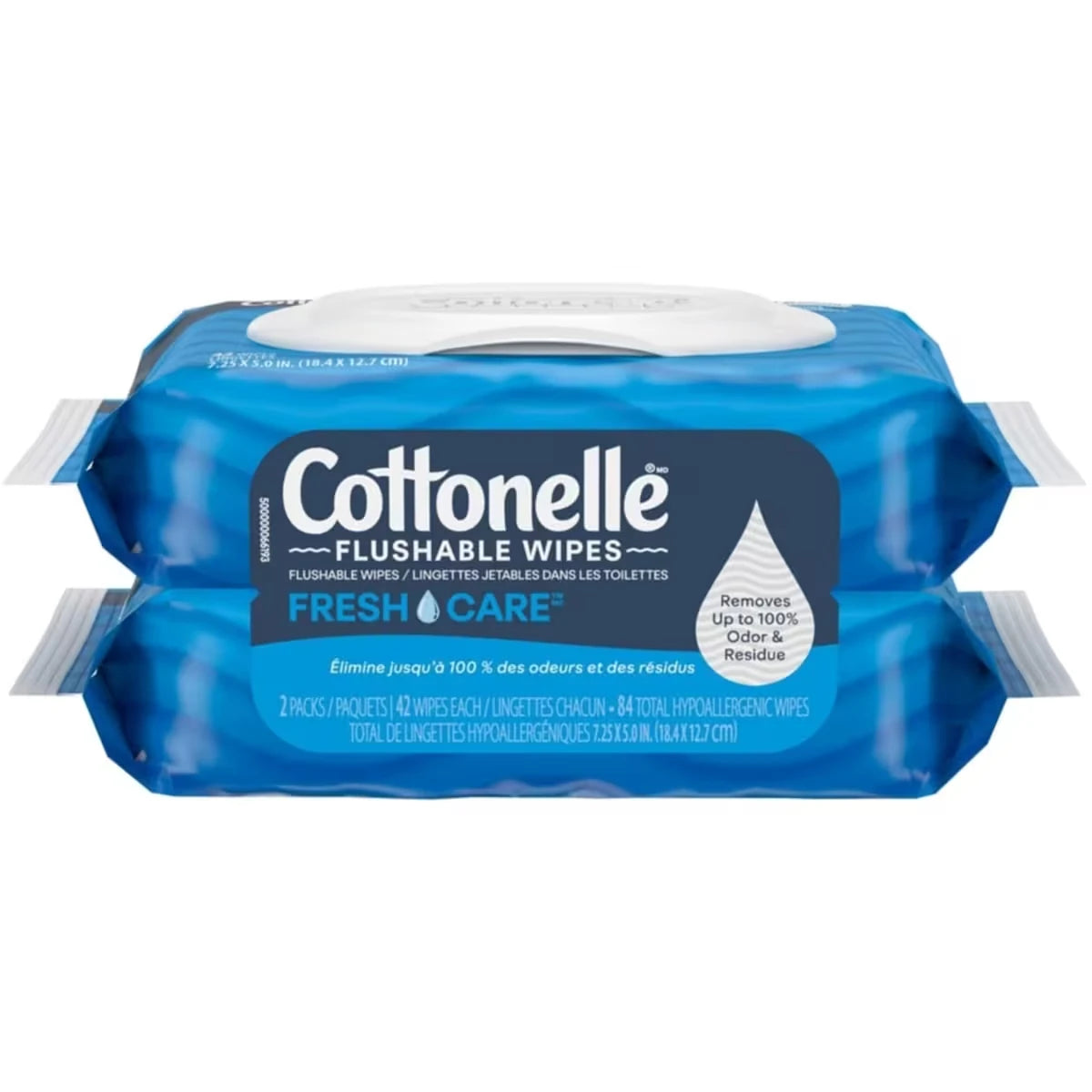 Lingettes humides jetables dans les toilettes Cottonelle Fresh Care, lingettes humides pour adultes, 2 paquets à couvercle rabattable, 42 lingettes par paquet (84 lingettes au total)