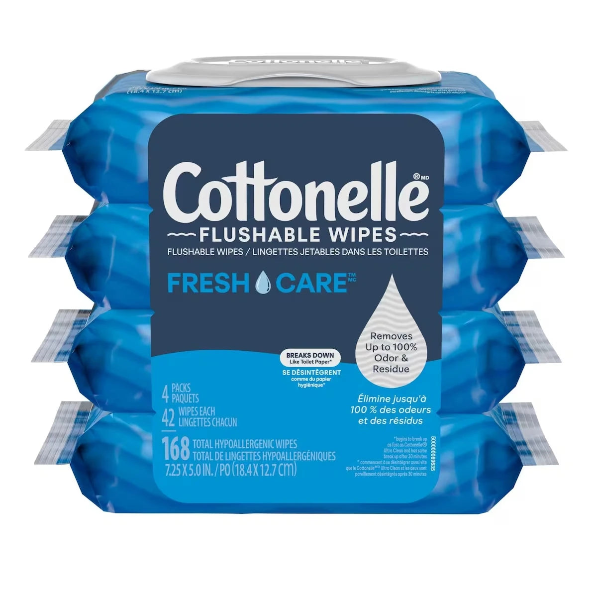 Lingettes humides jetables dans les toilettes  Fresh Care, lingettes humides pour adultes, 4 paquets à couvercle rabattable, 42 lingettes par paquet (168 lingettes au total)
