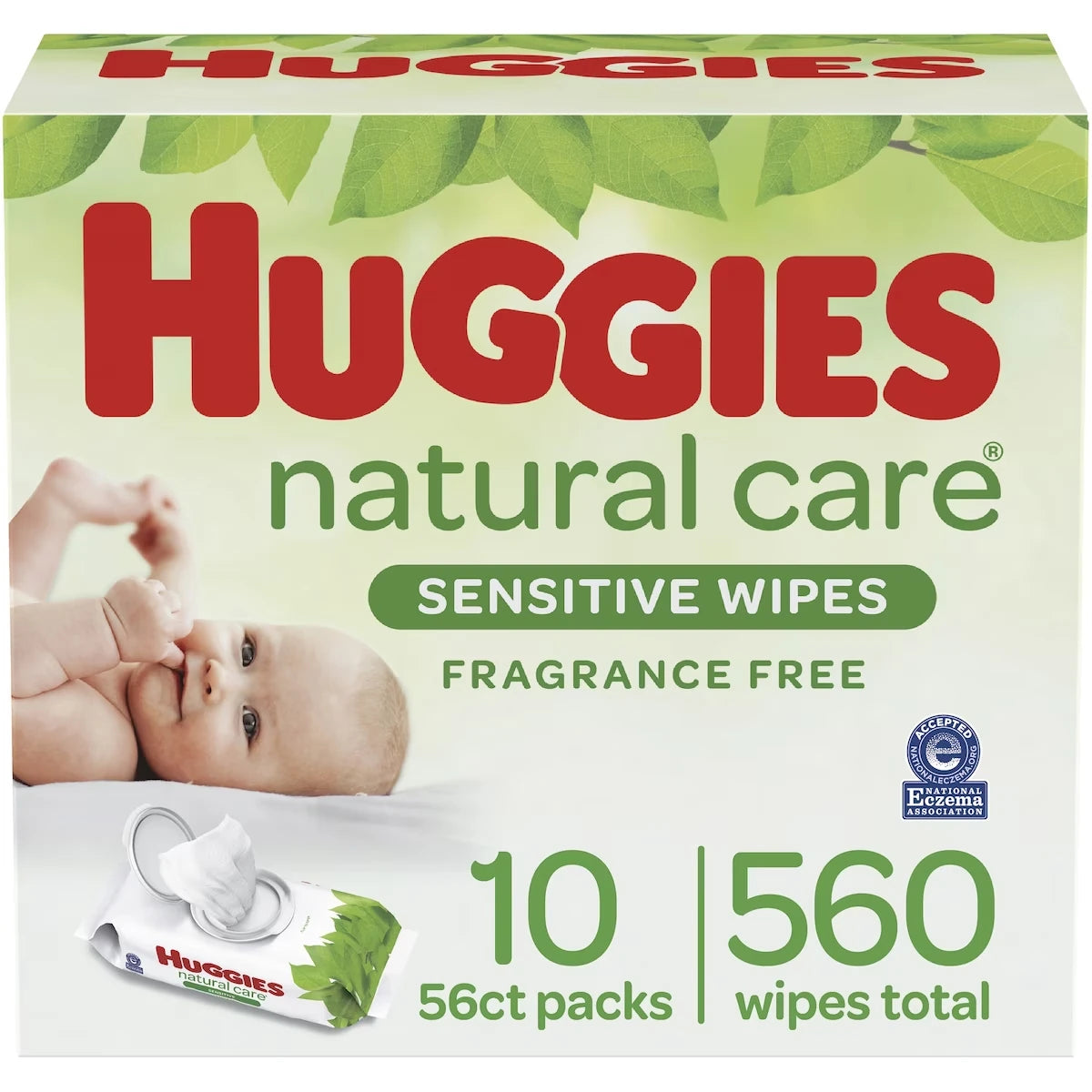Lingettes pour bébés Natural Care pour peau sensible, non parfumées, 10 emballages à couvercle rabattable (total de 560 lingettes)