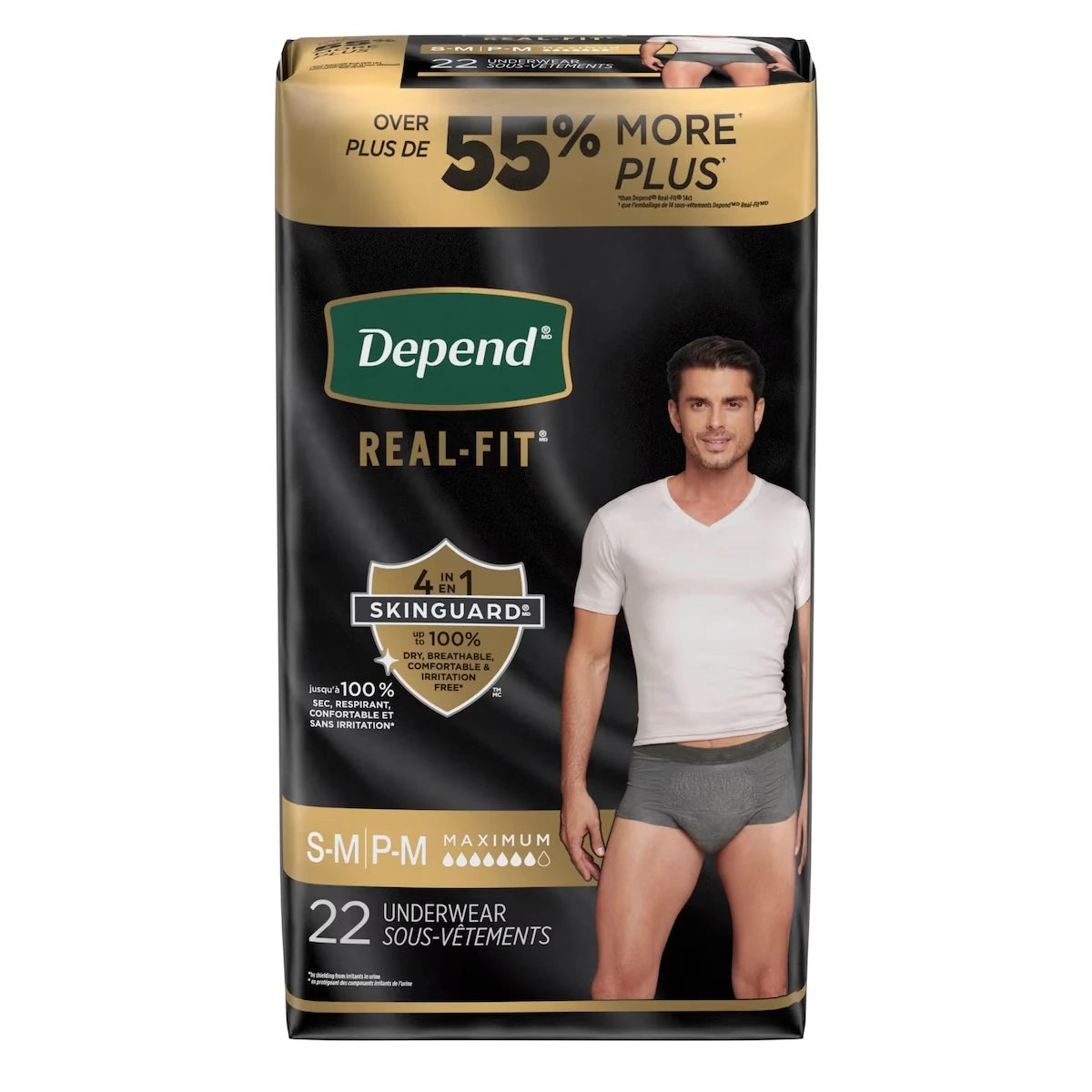 Sous-vêtement d’incontinence jetable Real Fit pour hommes, absorption maximale, petit/moyen, gris