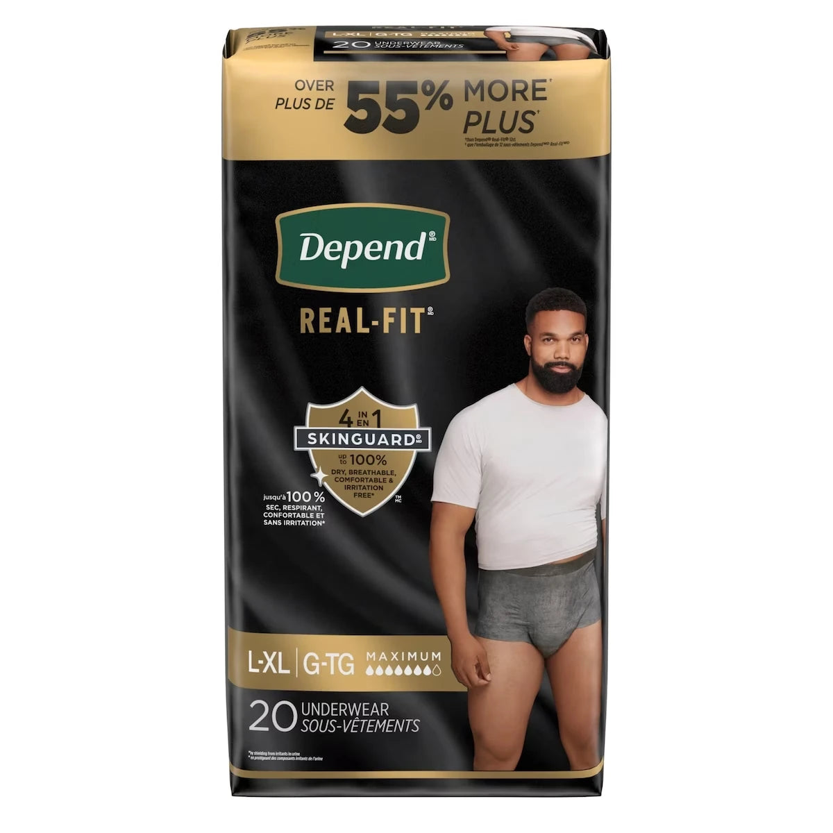 Sous-vêtement d’incontinence jetable Real Fit pour hommes, absorption maximale, grande/très grande, gris