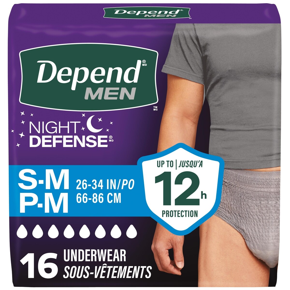 Sous-vêtements d’incontinence Night Defense pour hommes, nuit, taille P/M, emballage de 16