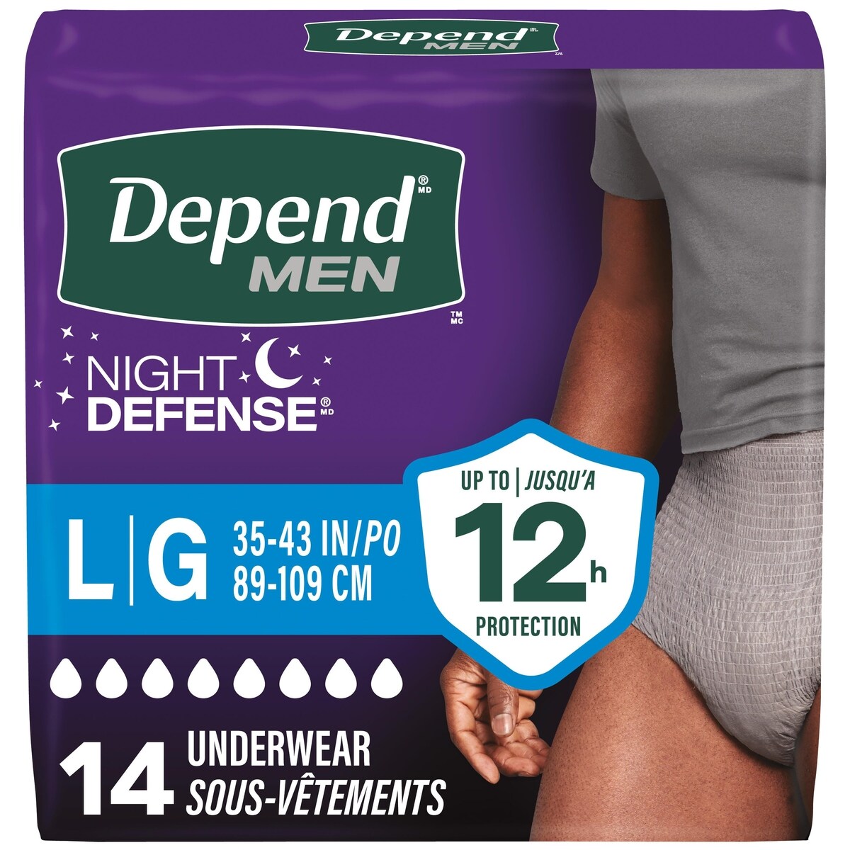 Sous-vêtements d’incontinence Night Defense pour hommes, nuit, taille G, emballage de 14