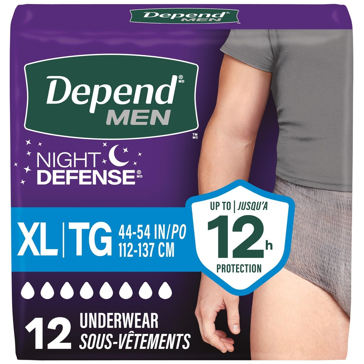 Sous-vêtements d’incontinence Night Defense pour hommes, nuit, taille TG, emballage de 12