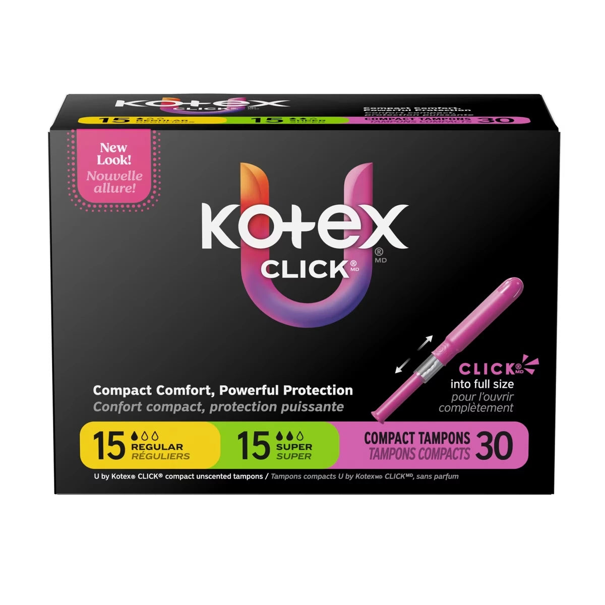 Tampons compacts Click, emballage multiple, absorption régulière/super, emb. de 30