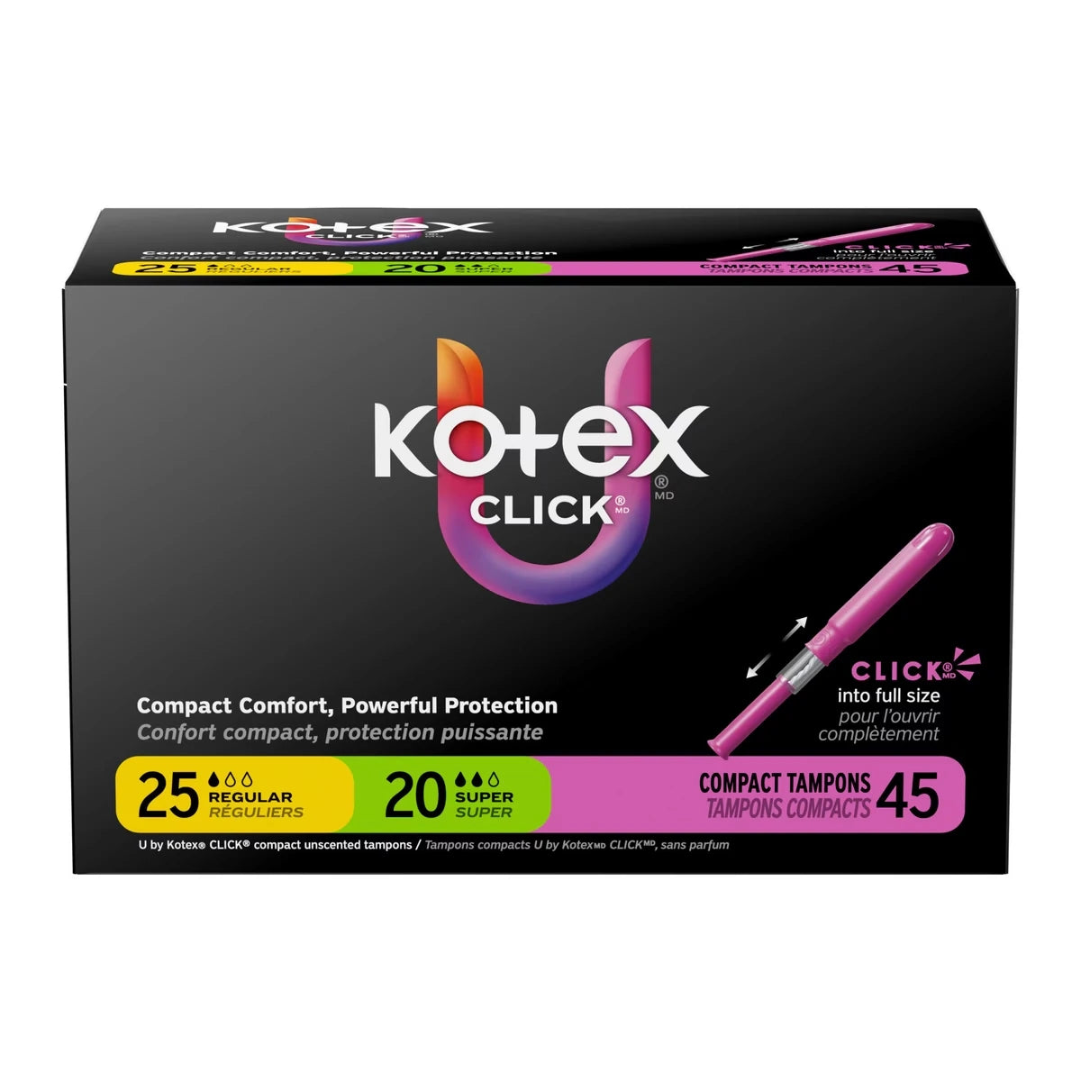 Tampons compacts Click, emballage multiple, absorption régulière/super, emb. de 45