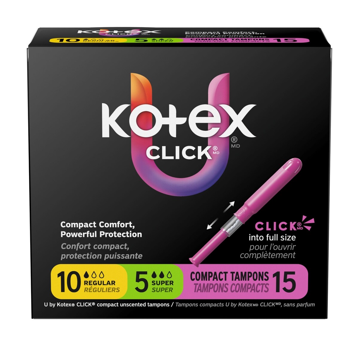 Tampons compacts Click, emballage multiple, absorption régulière/super, non parfumés, 15 unités
