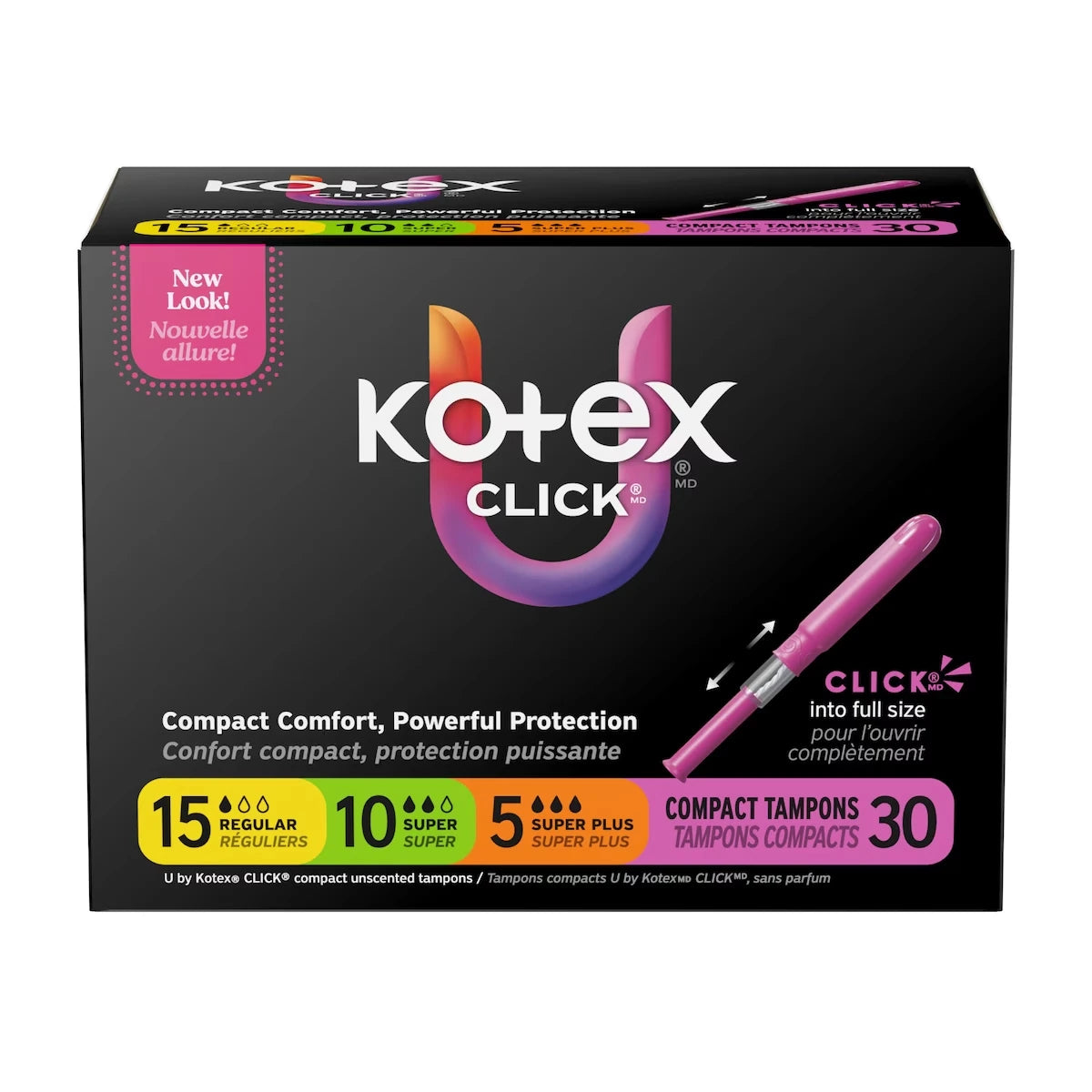 Tampons compacts Click emballage multiple, absorption régulière/super/super plus, non parfumés