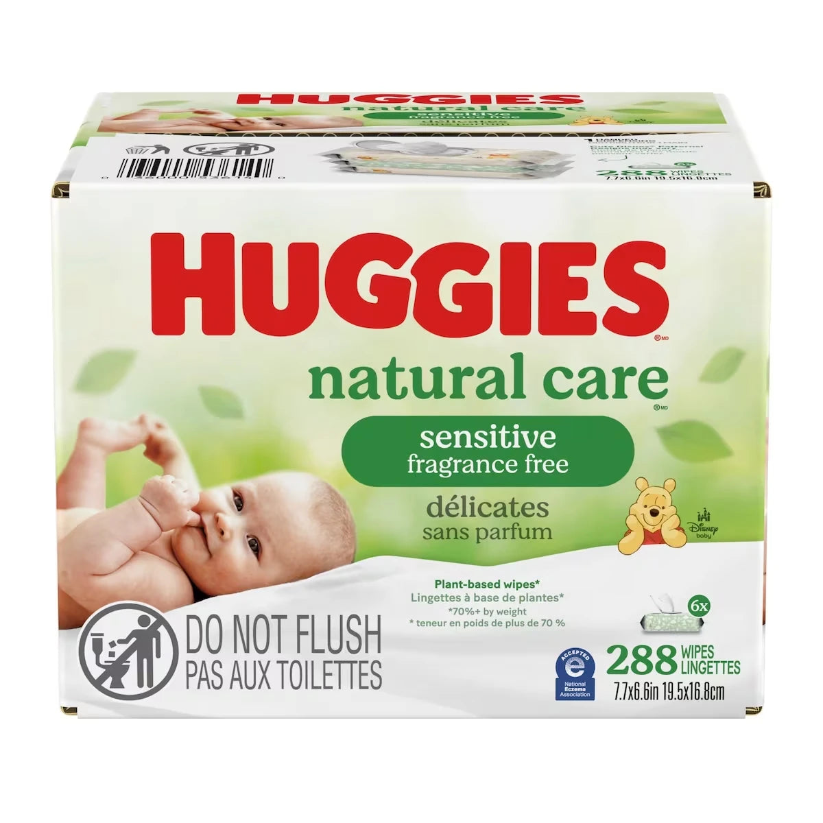 Lingettes pour bébés Natural Care pour peau sensible, non parfumées, 6 emballages à couvercle rabattable (total de 288 lingettes)