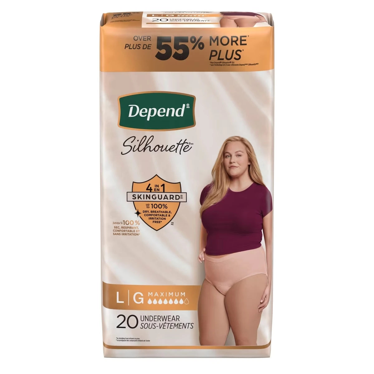 Sous-vêtements d’incontinence et de post-partum Silhouette pour femmes adultes, grande, absorption maximale, rose