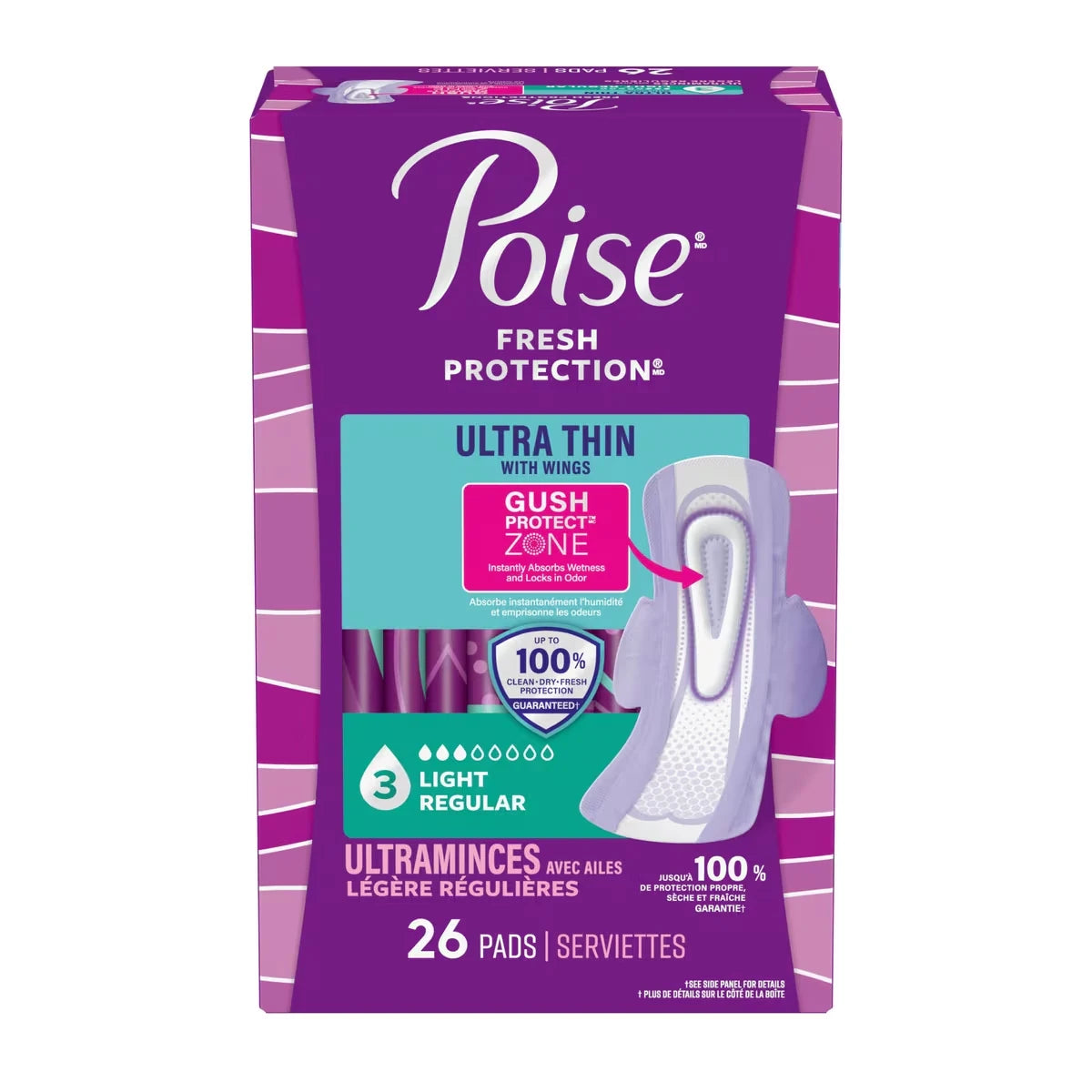 Serviettes avec ailes ultraminces d’incontinence et d’incontinence en période post-partum  pour fuites urinaires, degré d’absorption léger à 3 gouttes, longueur régulière,