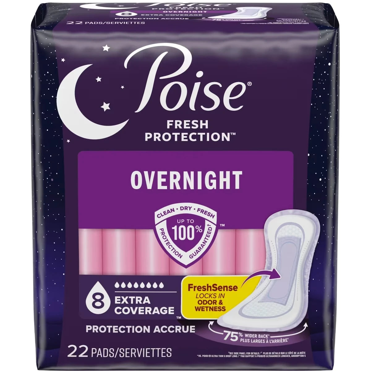 Serviettes d’incontinence ultraminces Poise pour femmes, degré d’absorption 8, absorption pour la nuit, longueur de la couverture extra
