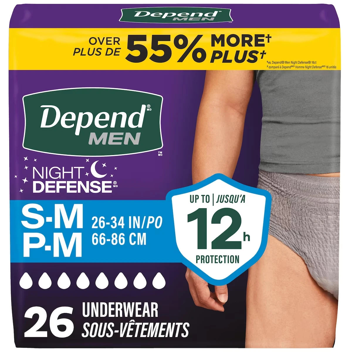 Sous-vêtement d’incontinence pour adultes Depend Night Defense pour hommes, jetables, de nuit, petits/moyens, gris