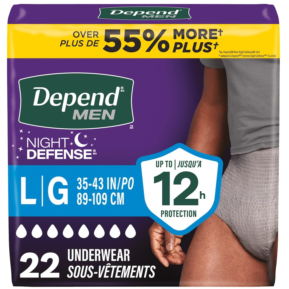 Sous-vêtements d’incontinence pour adultes Depend Night Defense pour hommes, jetables, de nuit, grands, gris