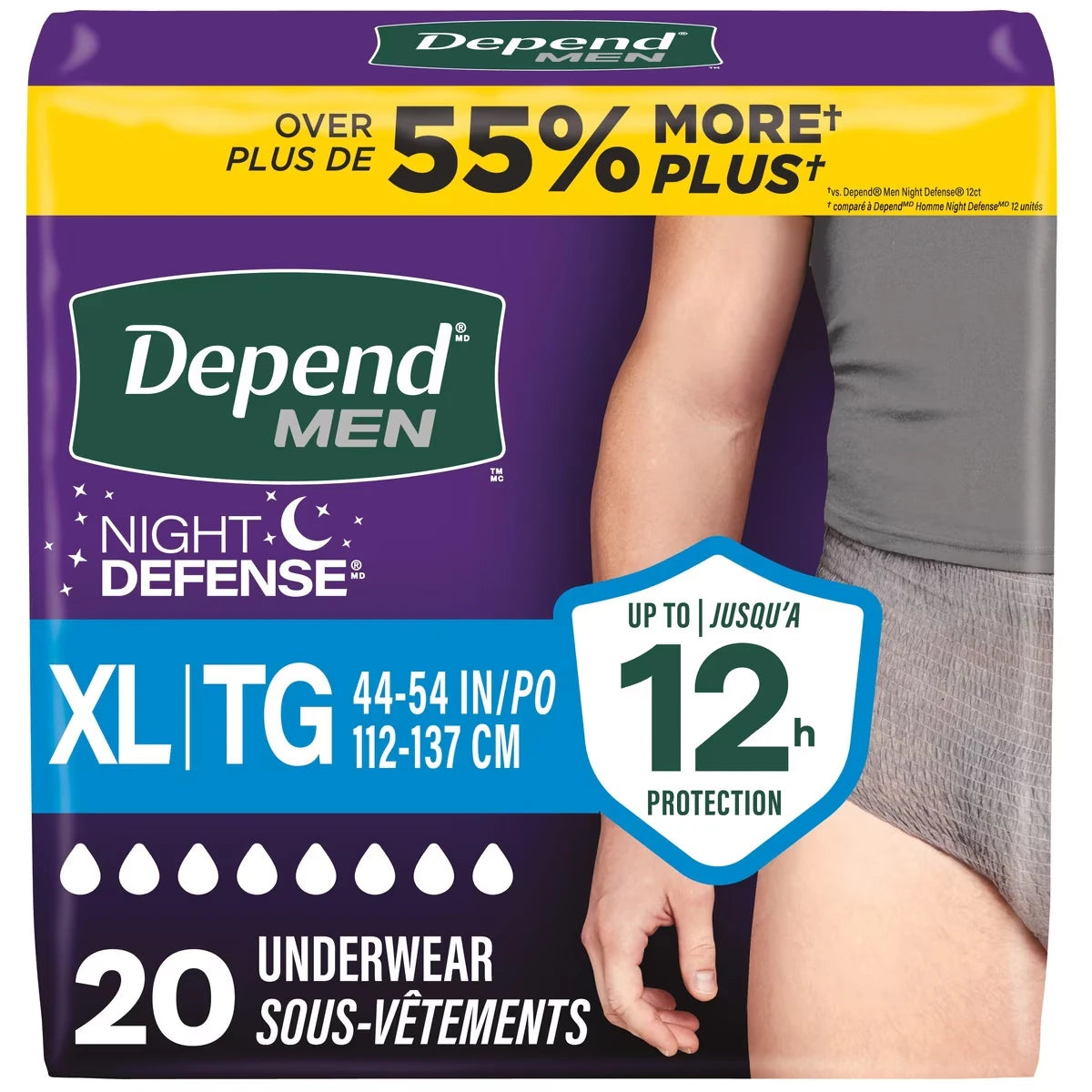 Sous-vêtements d’incontinence pour adultes Depend Night Defense pour hommes, jetables, de nuit, très grands, gris