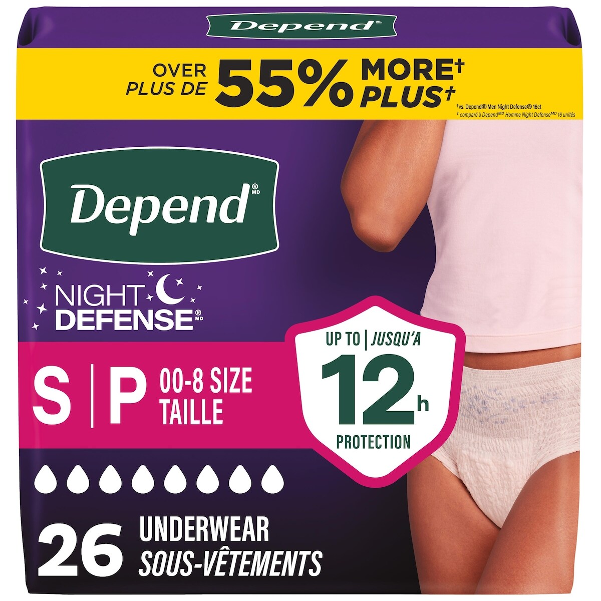 Sous-vêtements d’incontinence pour adultes Depend Night Defense pour femmes, jetables, de nuit, petits, roses