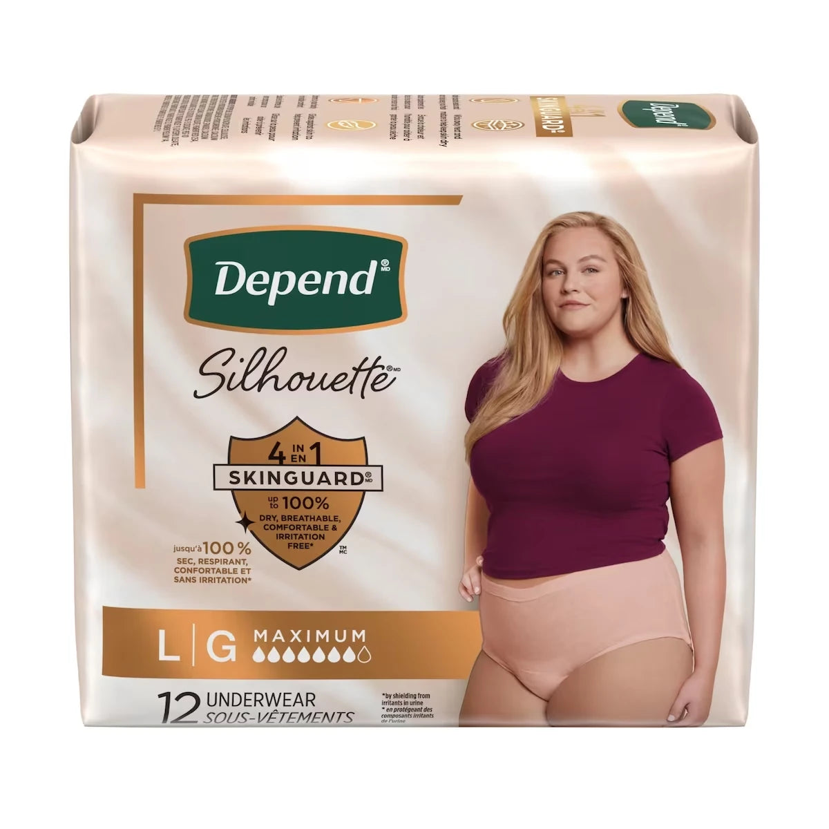 Sous-vêtements d’incontinence et de post-partum Silhouette pour femmes adultes, grande, absorption maximale, rose
