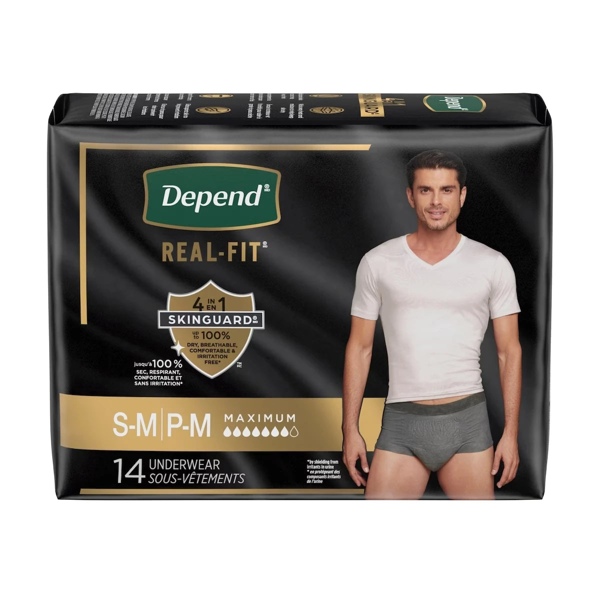 Sous-vêtement d’incontinence jetable Real Fit pour hommes, absorption maximale, petit/moyen, noir et gris