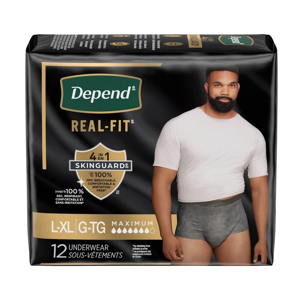 Sous-vêtement d’incontinence jetable Real Fit pour hommes, absorption maximale, grande/très grand, noir et gris