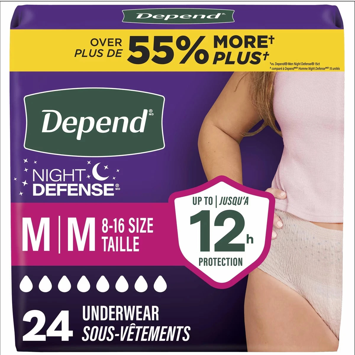 Sous-vêtements d’incontinence pour adultes Depend Night Defense pour femmes, jetables, de nuit, moyen, roses
