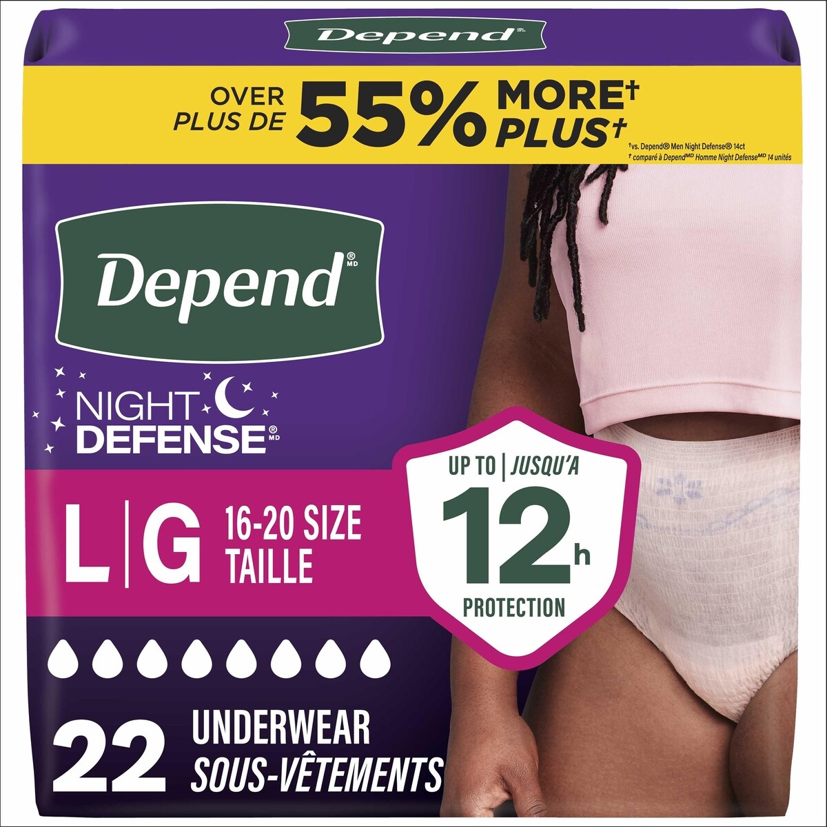 Sous-vêtements d’incontinence pour adultes Depend Night Defense pour femmes, jetables, de nuit, grande, roses