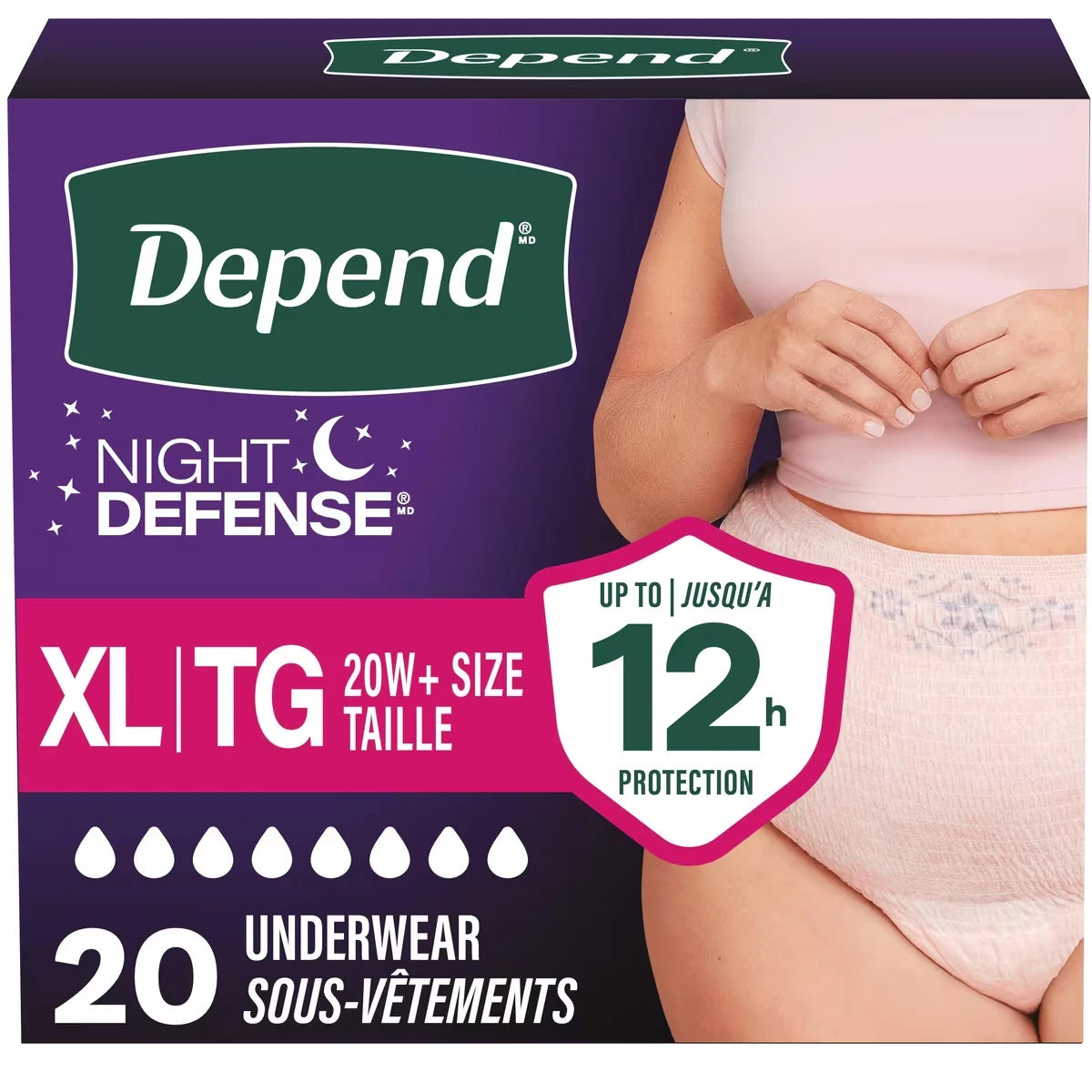 Sous-vêtements d’incontinence pour adultes Depend Night Defense pour femmes, jetables, de nuit, très grand, roses