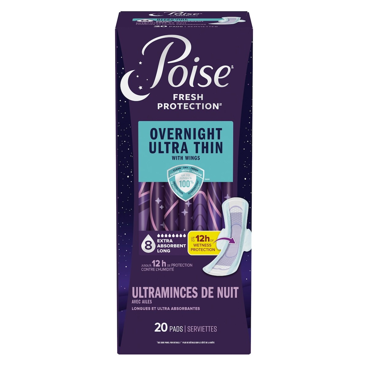 Coussinets de nuit ultra-minces pour l’incontinence et le post-partum avec ailes pour les fuites urinaires, 8 gouttes extra absorbantes, longue longueur, 20 unités