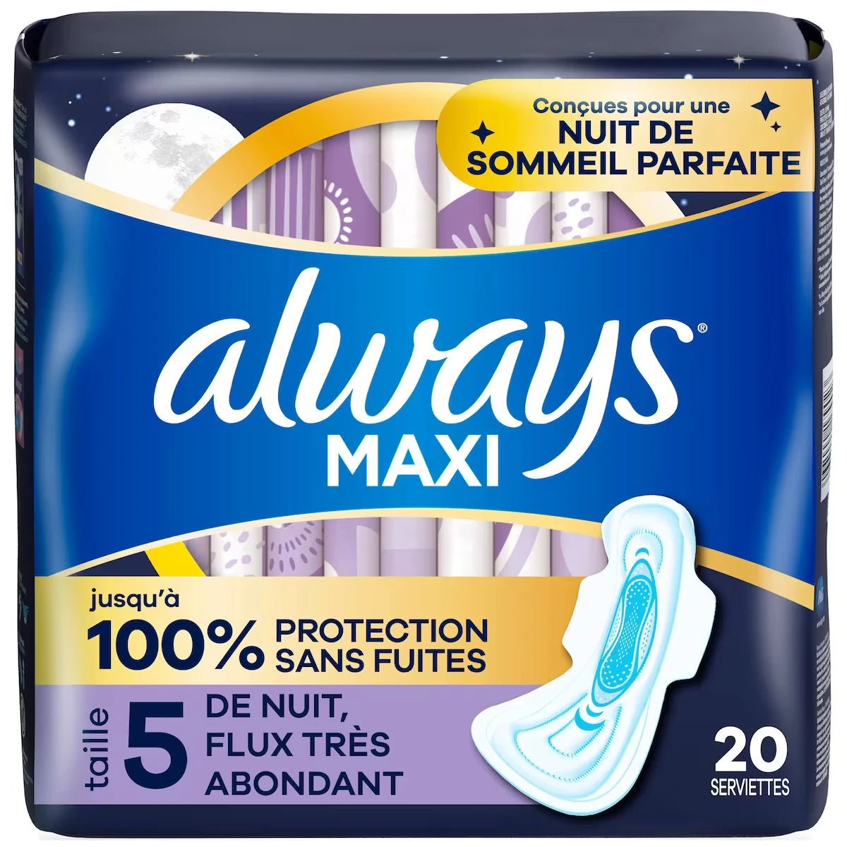 Serviettes Maxi de nuit, Très abondant avec ailes, taille 5, non parfumées, 20 serviettes