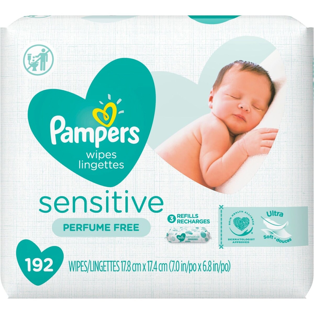 Lingettes pour bébés Sensitive, 3X recharges, 192 lingettes