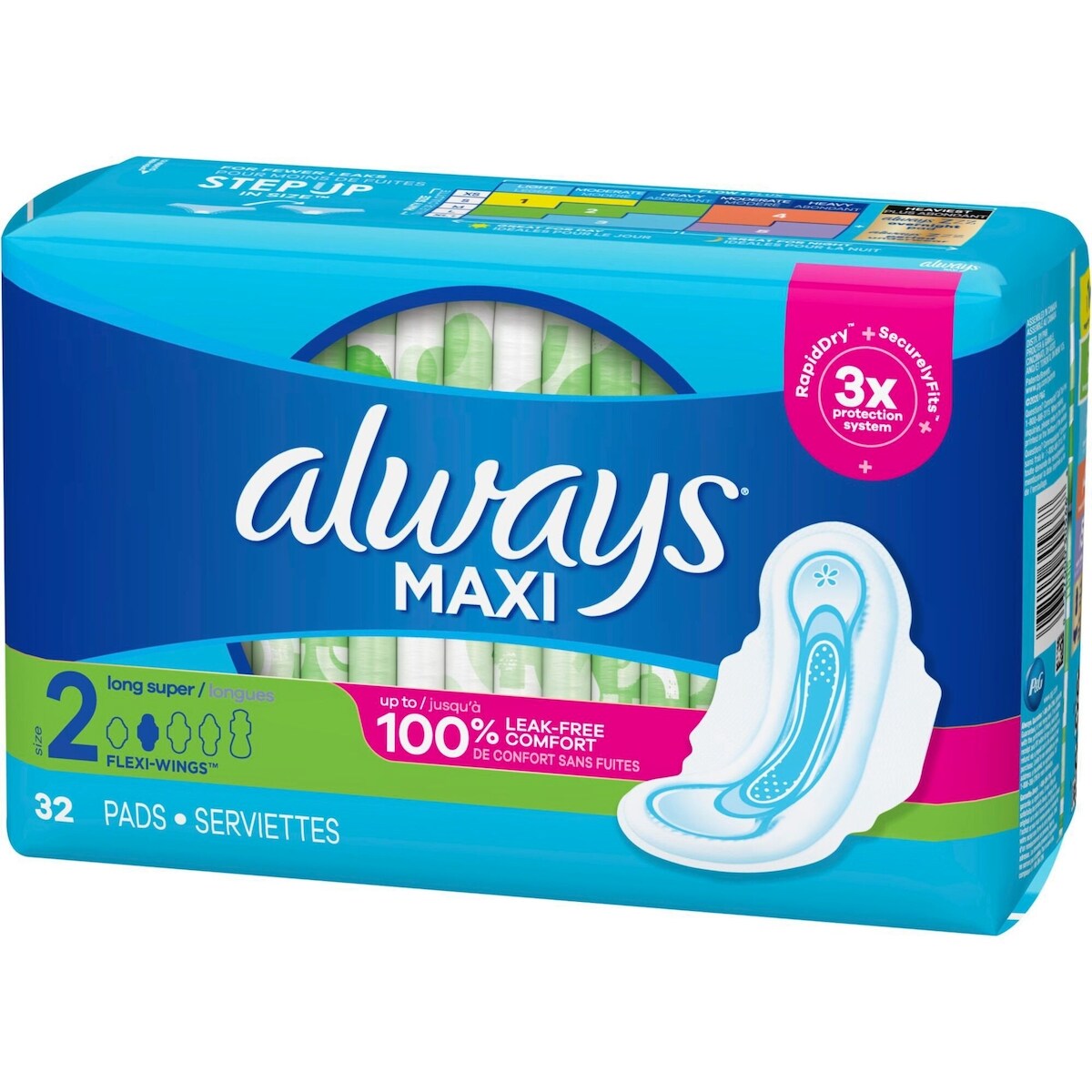 Serviettes Maxi, longues, degré d’absorption super avec ailes, taille 2, non parfumées, 32 serviettes