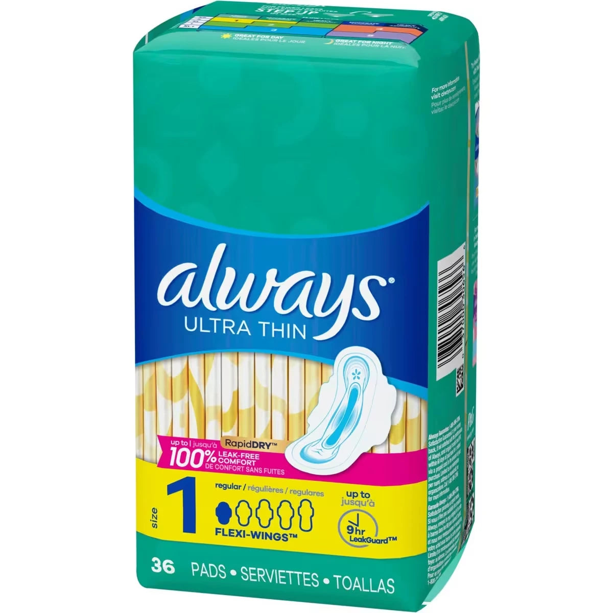 Serviettes Ultra Thin, régulières avec ailes, taille 1, non parfumées, 36 serviettes