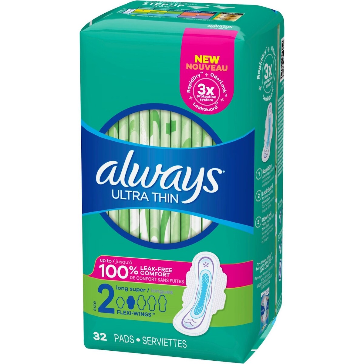 Serviettes Ultra Thin, longues avec ailes, taille 2, non parfumées, 32 serviettes