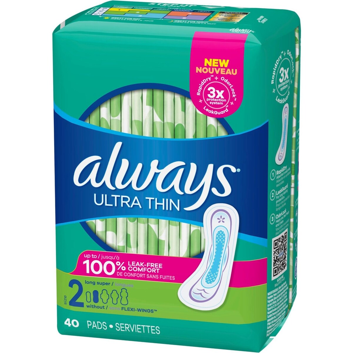 Serviettes Ultra Thin, longues sans ailes, taille 2, non parfumées, 40 serviettes